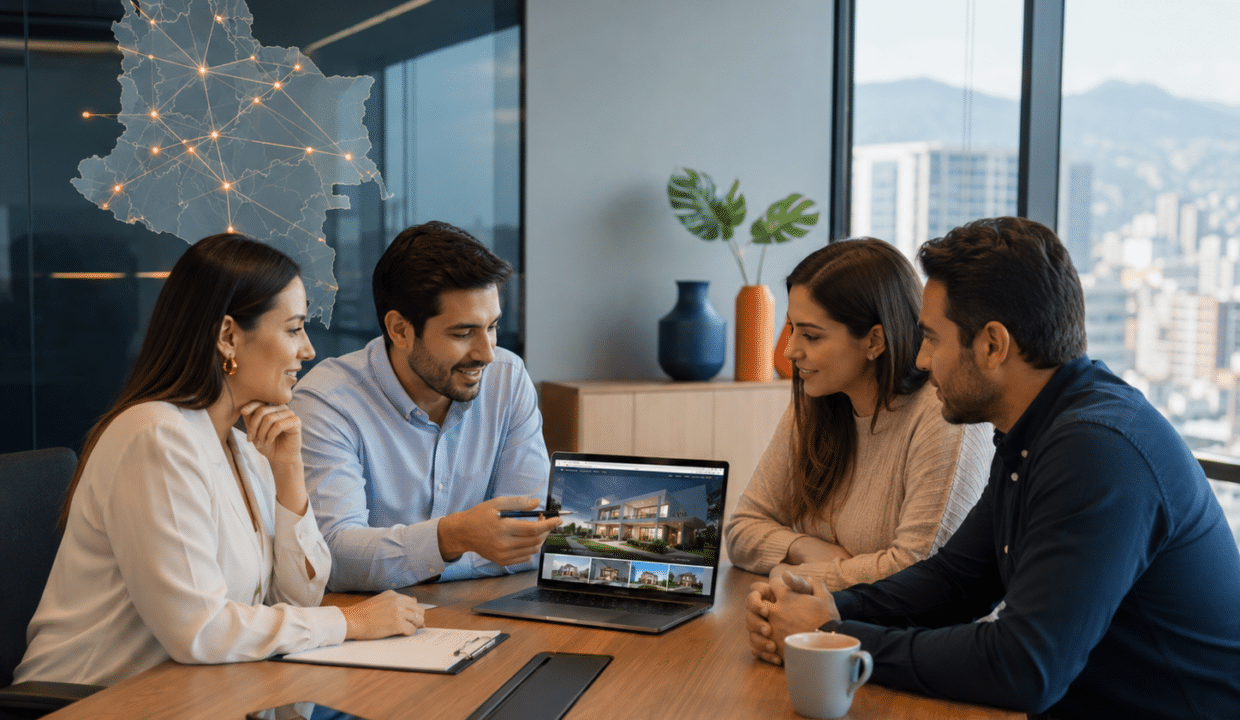 Agentes inmobiliarios usando networking inmobiliario en Colombia para vender y arrendar propiedades.
