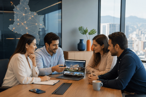 Agentes inmobiliarios usando networking inmobiliario en Colombia para vender y arrendar propiedades.